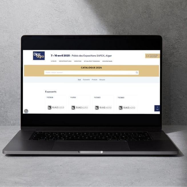 Un écran d'ordinateur portable affichant le site web de Djazagro, avec un accès au catalogue des exposants
